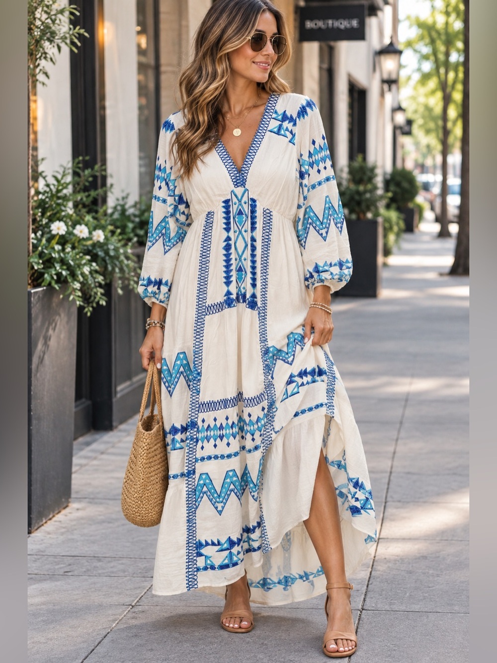 Hale Bob Cream Maxi Dress with Blue Geometric Embroidery